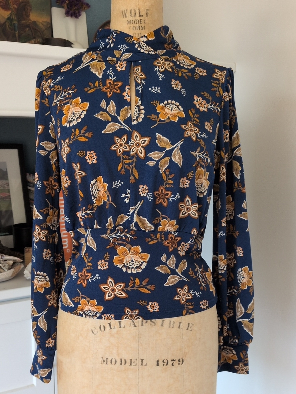 Women's Blue Floral Mock-Neck Long Sleeve Top